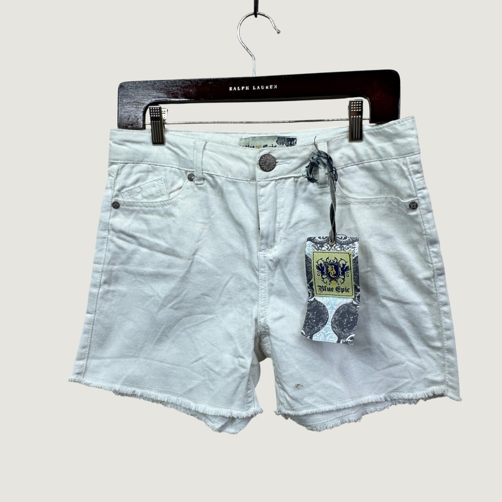 Blue Epic Denim Shorts Size 4 White Raw Hem Y2K McBling‎ Boho Summer Casual